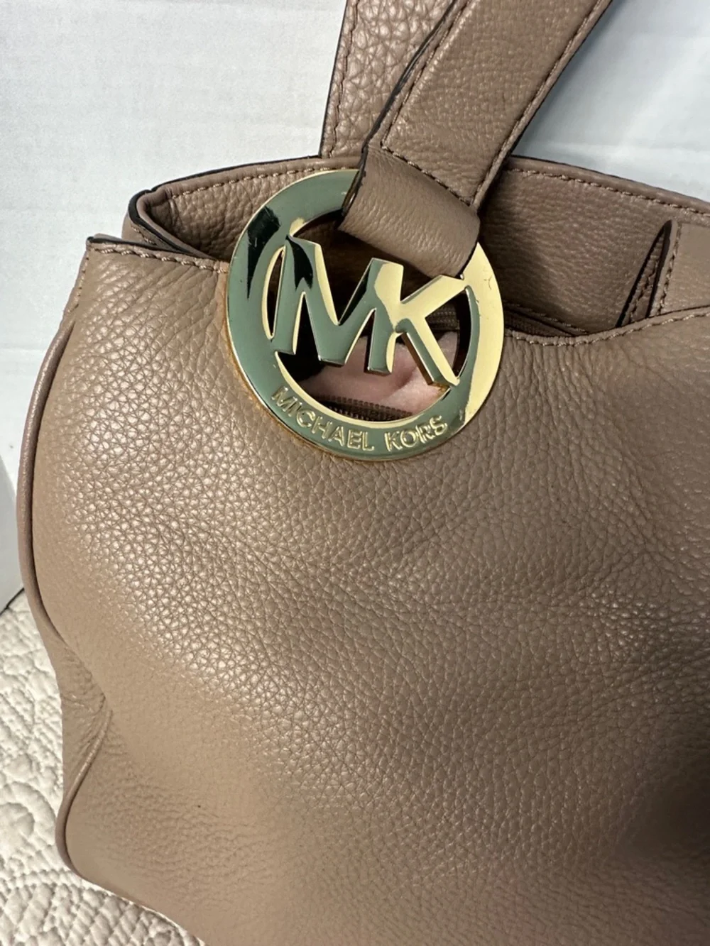 Michael Kors Taupe Brown Pebbled Leather Shoulder Bag with Gold‎ Logo